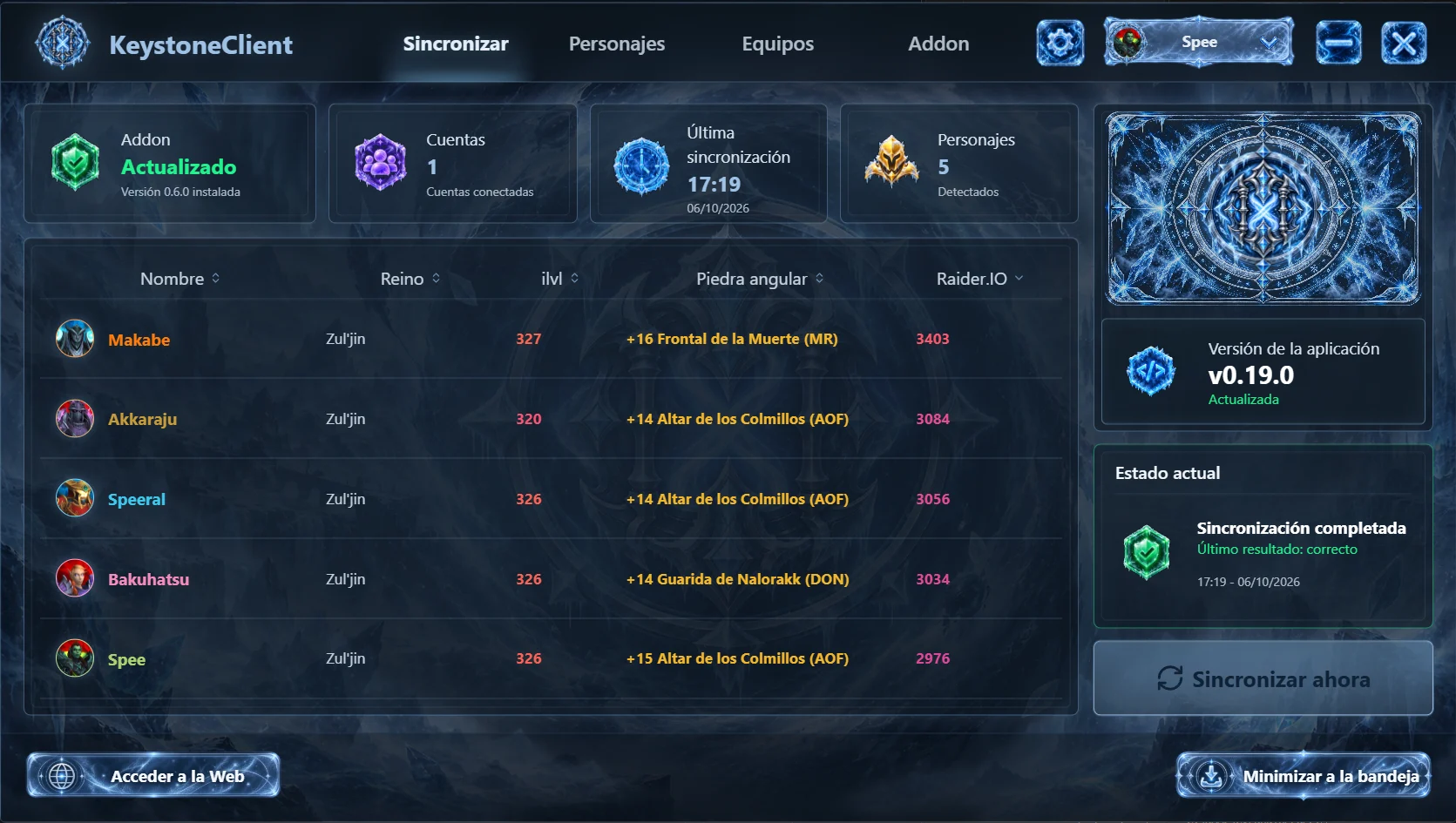 Cliente KeystoneSync con el tema Frost